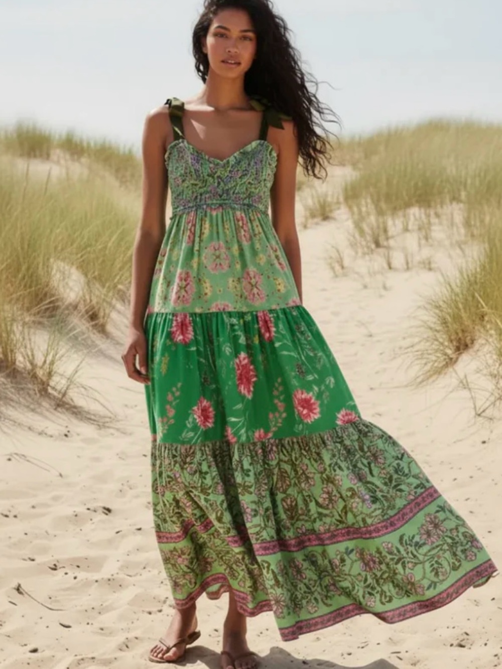 Green Floral Tiered Maxi Dress with Tie Straps
